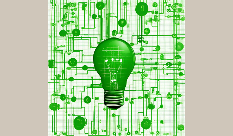 SCORE WP5: A green light bulb on a beige background with green circuit wires.